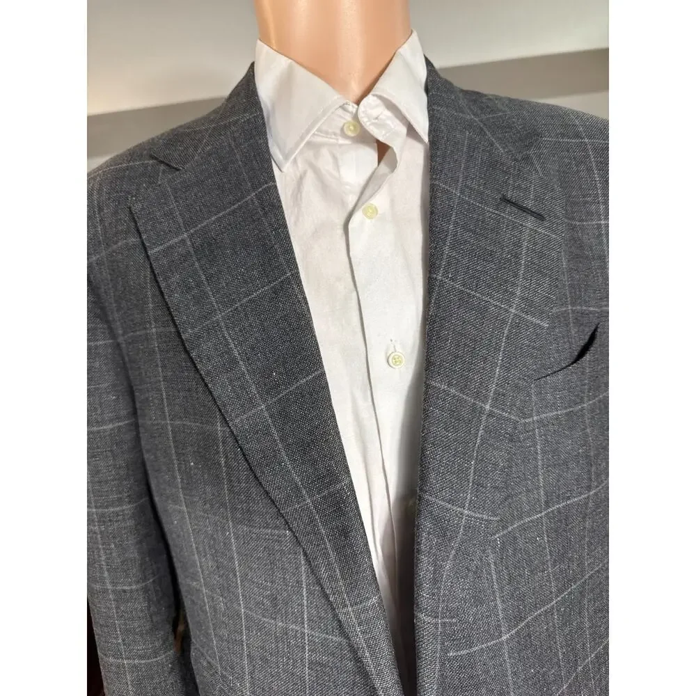 Tom Ford Linen Windowpane Charcoal Blazer Sportcoat 50R 40R US Italy Wool Silk